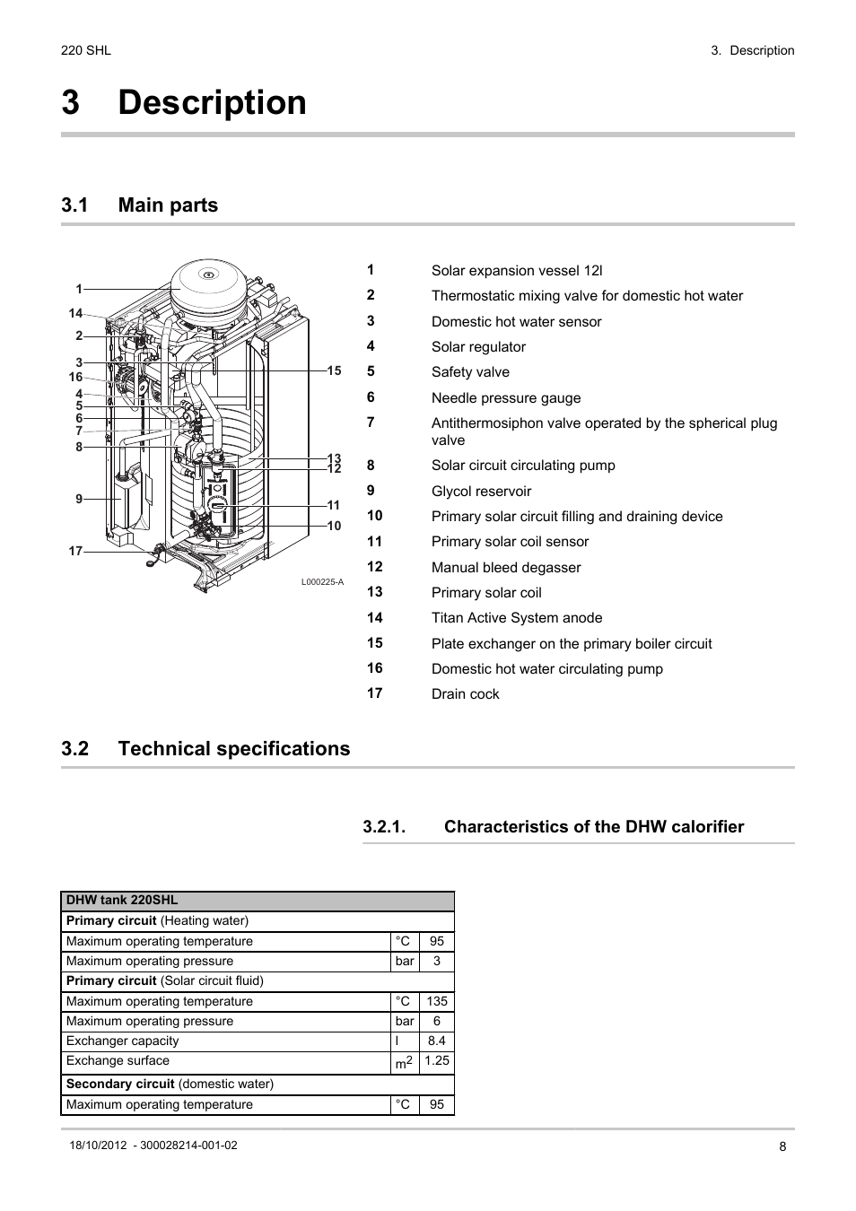 Description, Main parts, Technical specifications | Characteristics of the dhw calorifier, 3 description, 1 main parts, 2 technical specifications | DE DIETRICH 220 SHL User Manual | Page 9 / 24