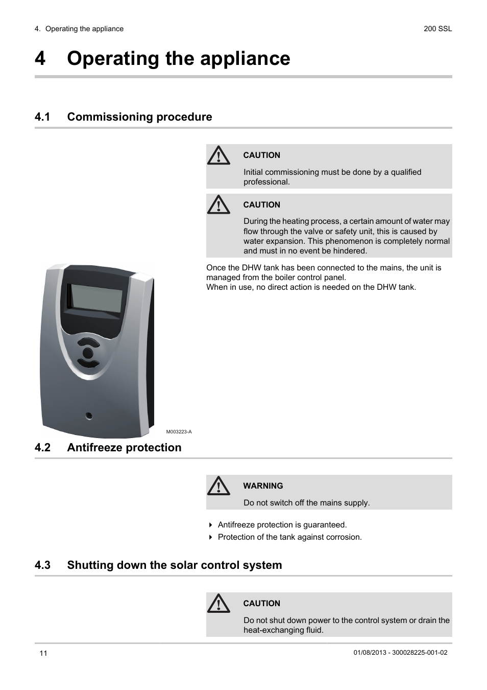 Operating the appliance, Commissioning procedure, Antifreeze protection | Shutting down the solar control system, 4 operating the appliance, 1 commissioning procedure, 2 antifreeze protection, 3 shutting down the solar control system | DE DIETRICH 200 SSL User Manual | Page 12 / 20