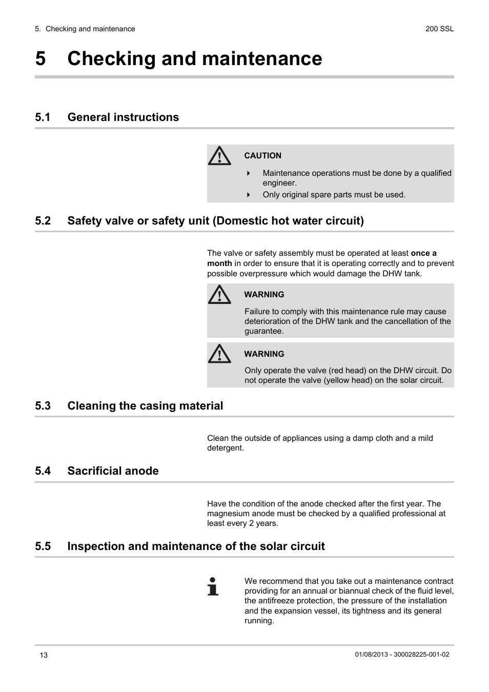 Checking and maintenance, General instructions, Cleaning the casing material | Sacrificial anode, Inspection and maintenance of the solar circuit, 5 checking and maintenance, 1 general instructions, 3 cleaning the casing material, 4 sacrificial anode, 5 inspection and maintenance of the solar circuit | DE DIETRICH 200 SSL User Manual | Page 14 / 20
