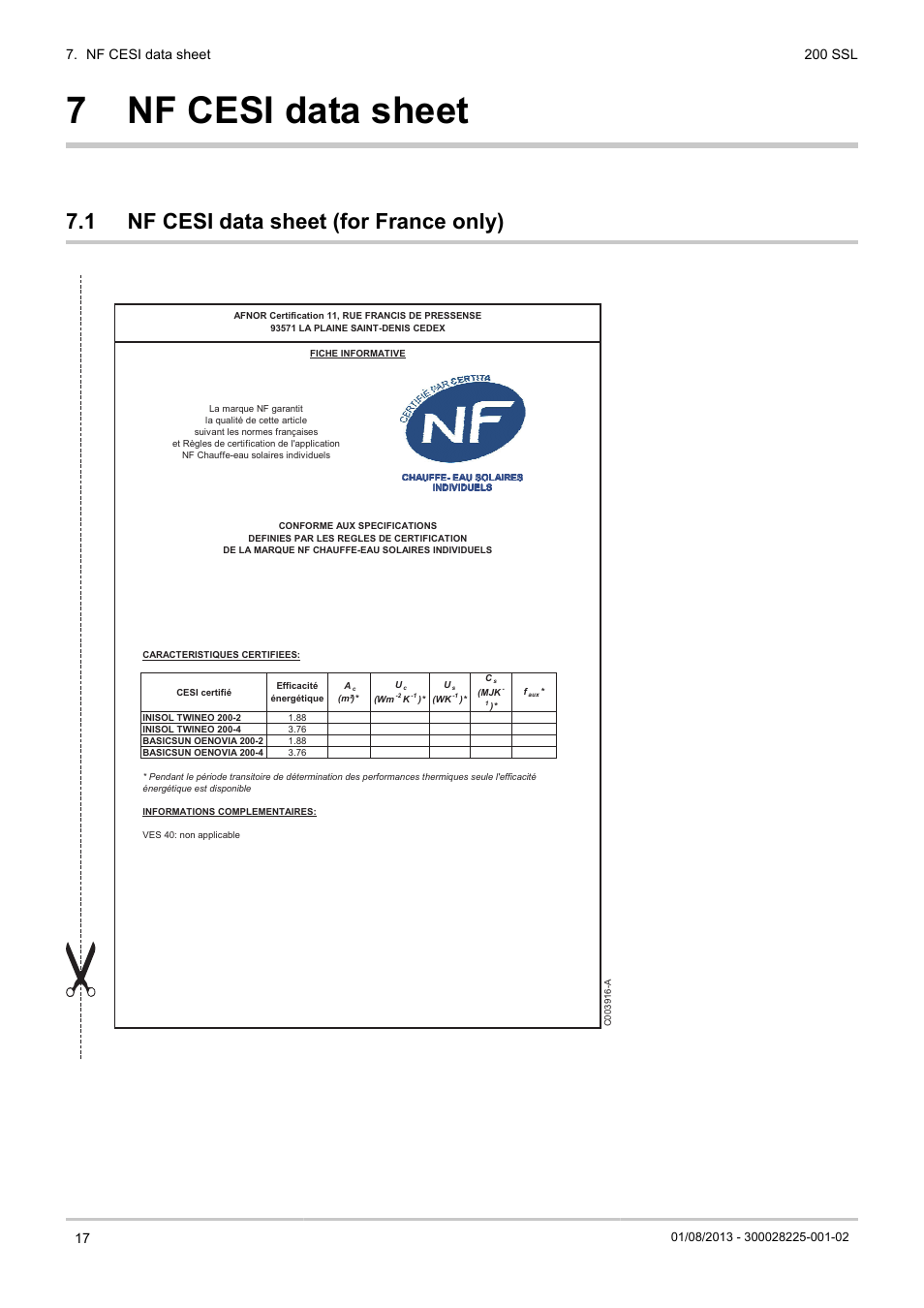 Nf cesi data sheet, Nf cesi data sheet (for france only), 7 nf cesi data sheet | 1 nf cesi data sheet (for france only) | DE DIETRICH 200 SSL User Manual | Page 18 / 20