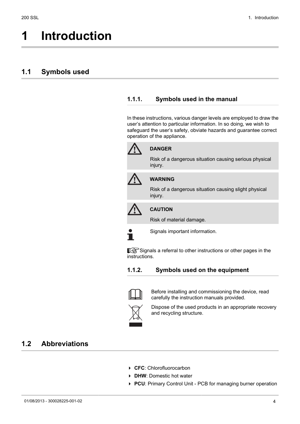 Introduction, Symbols used, Symbols used in the manual | Symbols used on the equipment, Abbreviations, 1 introduction, 1 symbols used, 2 abbreviations | DE DIETRICH 200 SSL User Manual | Page 5 / 20