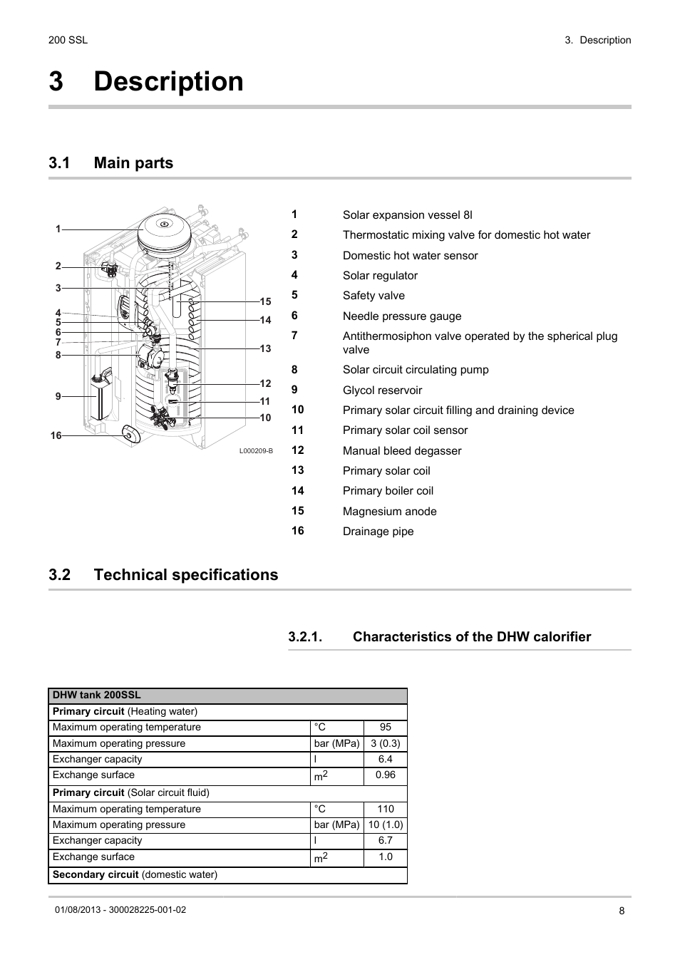 Description, Main parts, Technical specifications | Characteristics of the dhw calorifier, 3 description, 1 main parts, 2 technical specifications | DE DIETRICH 200 SSL User Manual | Page 9 / 20