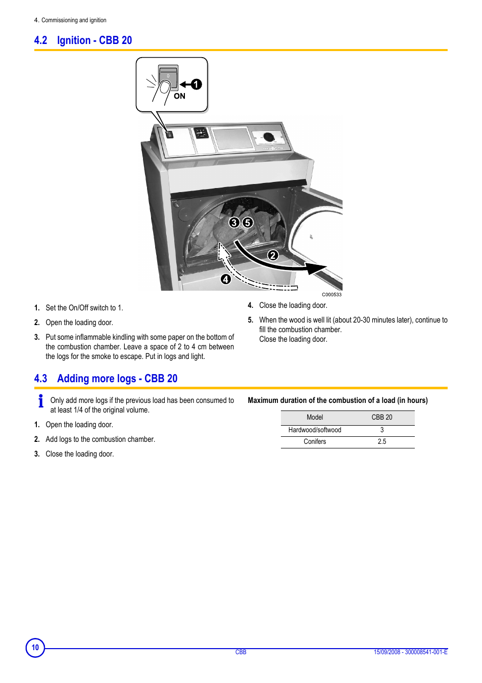 2 ignition - cbb 20, 3 adding more logs - cbb 20, 2 ignition - cbb 20 4.3 adding more logs - cbb 20 | DE DIETRICH CBB User Manual | Page 10 / 20
