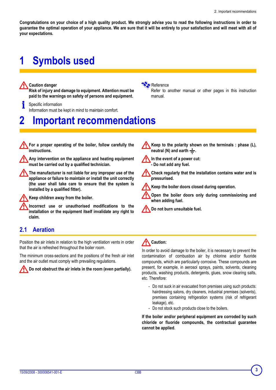 1 symbols used, 2 important recommendations, 1 aeration | Symbols used, Important recommendations | DE DIETRICH CBB User Manual | Page 3 / 20