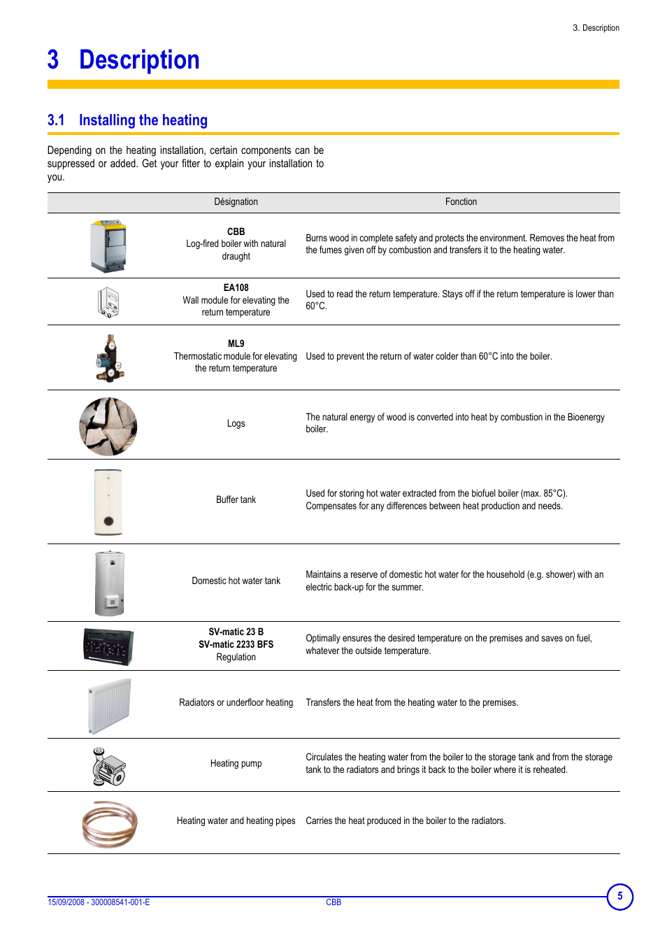 3 description, 1 installing the heating, Description | DE DIETRICH CBB User Manual | Page 5 / 20