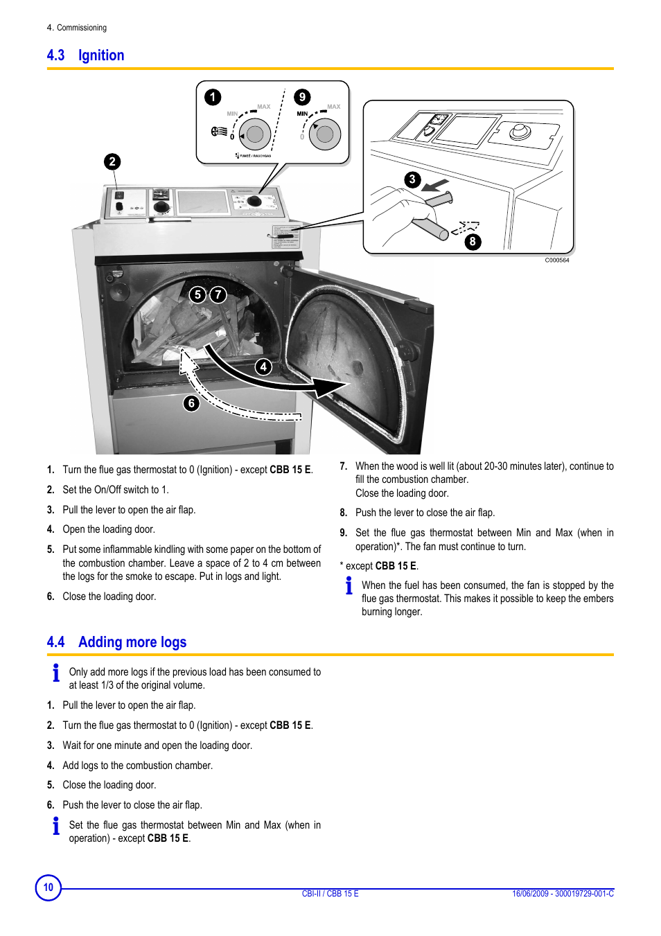 3 ignition, 4 adding more logs, 3 ignition 4.4 adding more logs | DE DIETRICH CBI-II _ CBB 15 E User Manual | Page 10 / 16