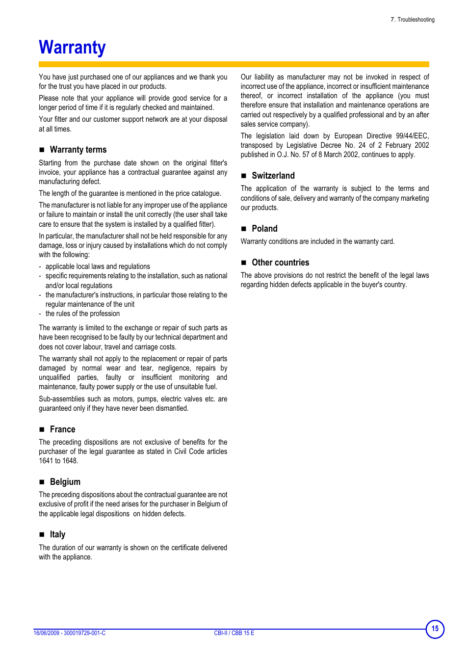 Warranty | DE DIETRICH CBI-II _ CBB 15 E User Manual | Page 15 / 16