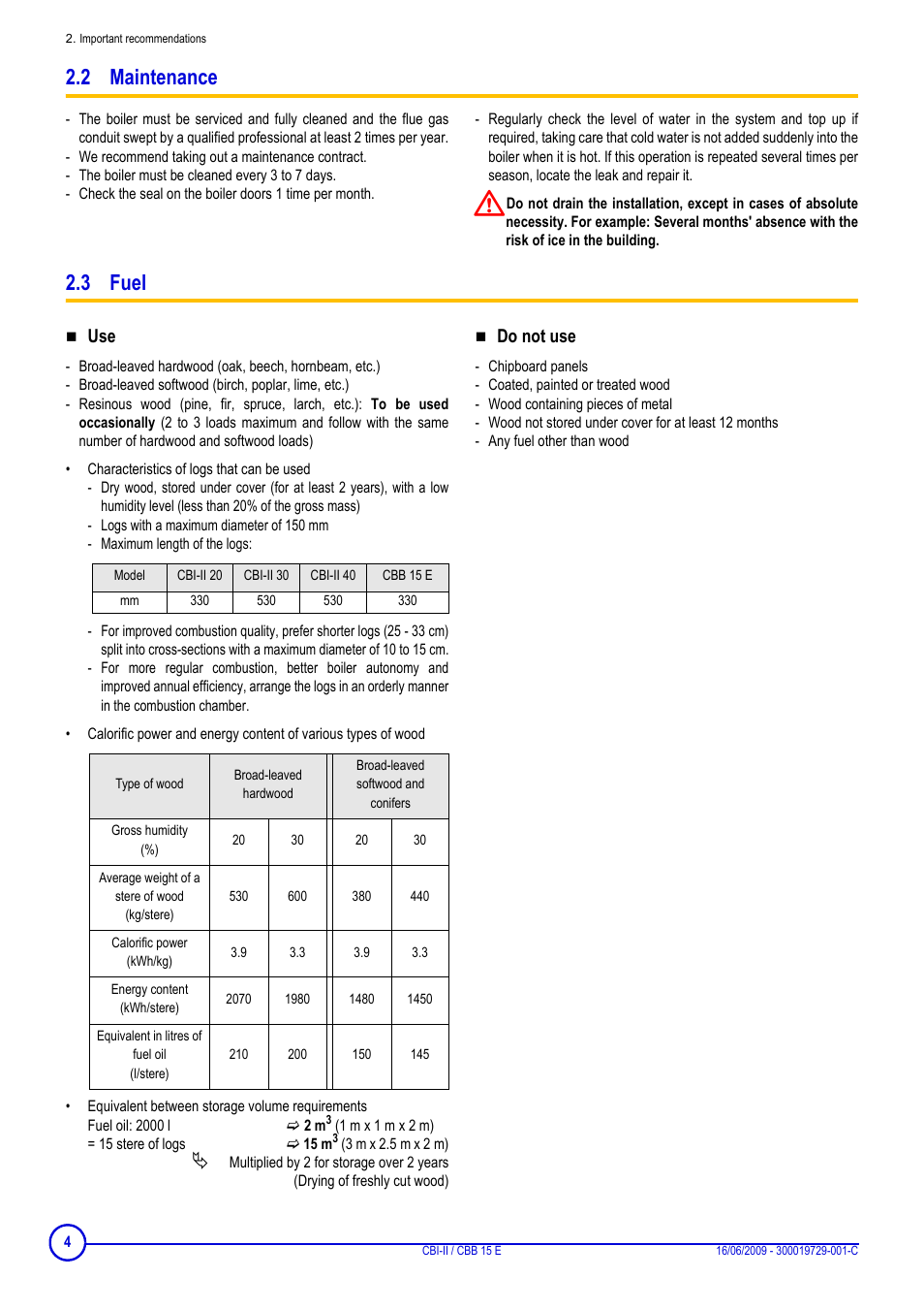 2 maintenance, 3 fuel, 2 maintenance 2.3 fuel | Do not use | DE DIETRICH CBI-II _ CBB 15 E User Manual | Page 4 / 16