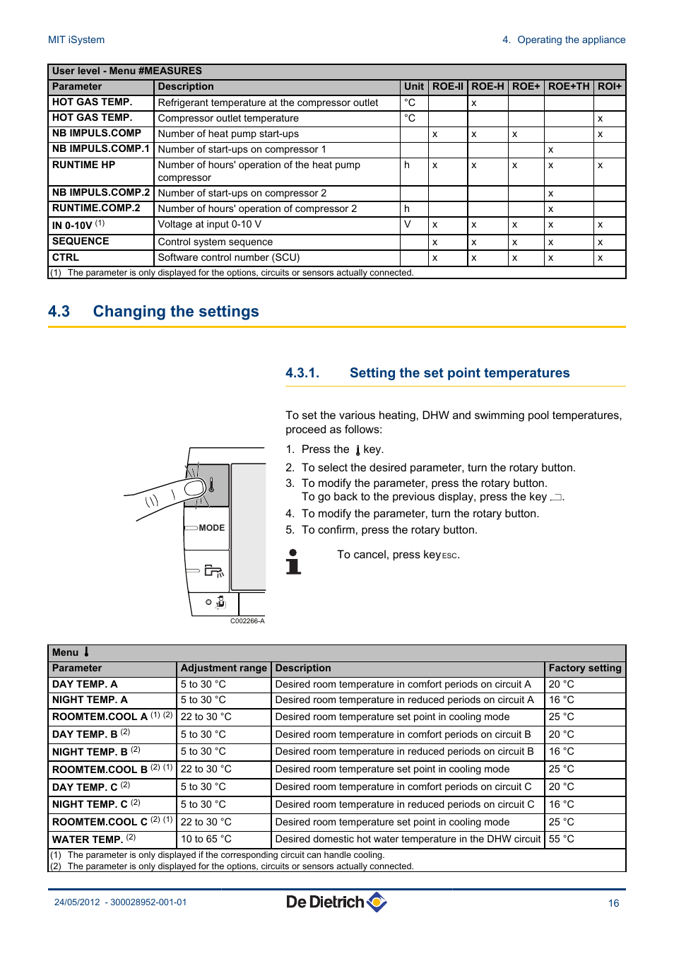 Changing the settings, Setting the set point temperatures, 3 changing the settings | DE DIETRICH MIT iSystem User Manual | Page 17 / 36