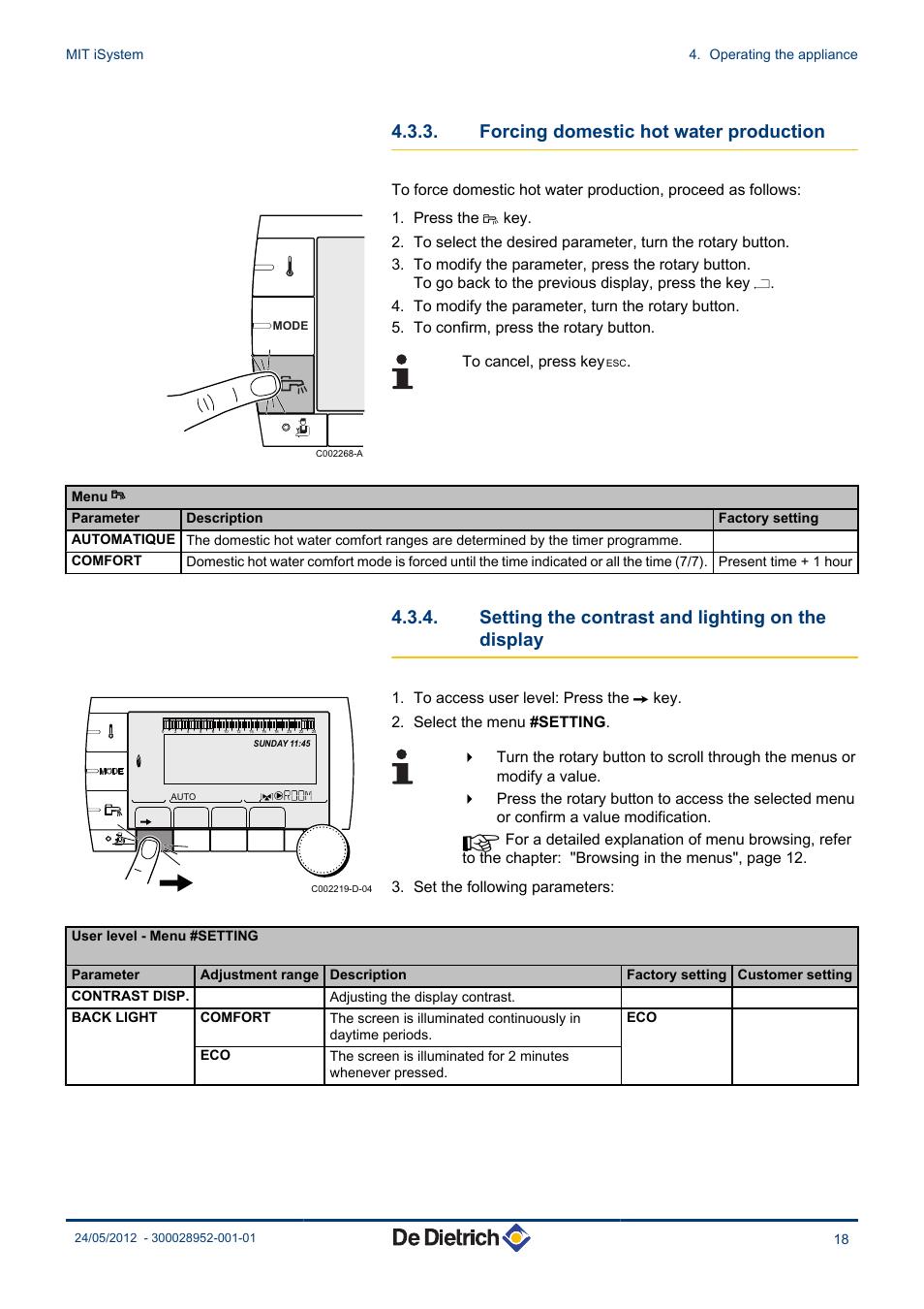 Forcing domestic hot water production, Setting the contrast and lighting on the, Display | Setting the contrast and lighting on the display | DE DIETRICH MIT iSystem User Manual | Page 19 / 36