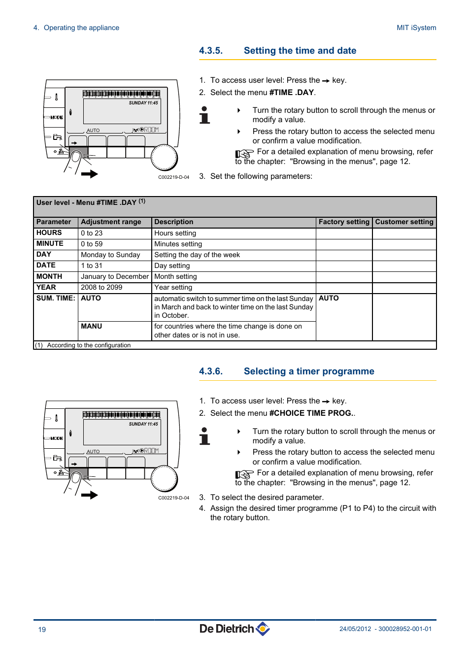 Setting the time and date, Selecting a timer programme | DE DIETRICH MIT iSystem User Manual | Page 20 / 36