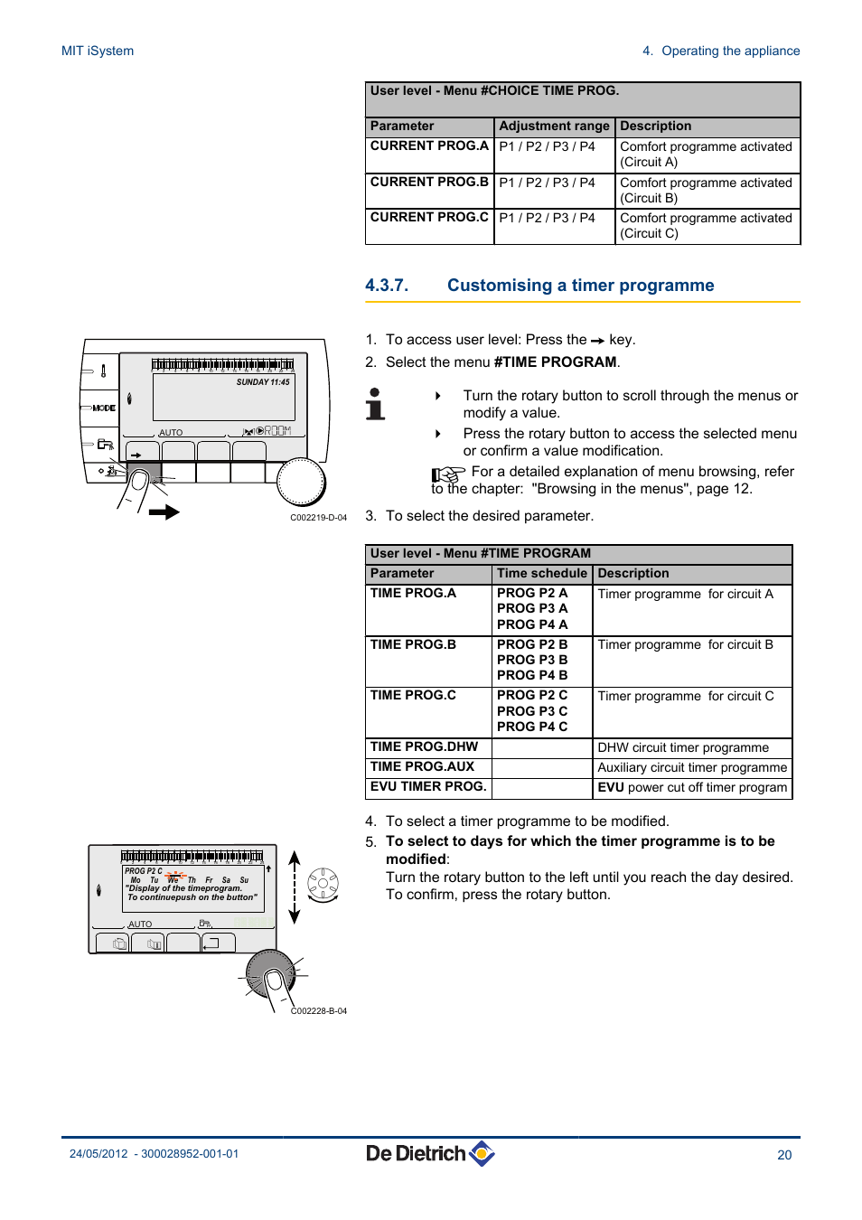 Customising a timer programme, Dhw circuit timer programme time prog.aux, Auxiliary circuit timer programme evu timer prog | Evu power cut off timer program, Mit isystem 4. operating the appliance | DE DIETRICH MIT iSystem User Manual | Page 21 / 36