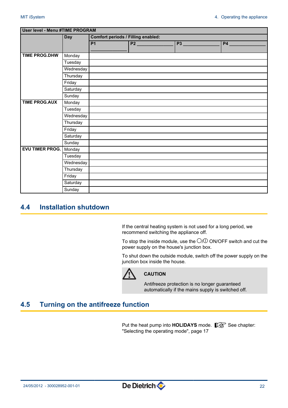 Installation shutdown, Turning on the antifreeze function, 4 installation shutdown | 5 turning on the antifreeze function | DE DIETRICH MIT iSystem User Manual | Page 23 / 36