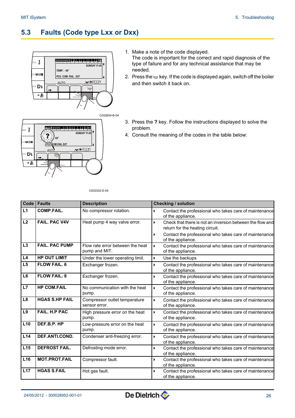 Faults (code type lxx or dxx), 3 faults (code type lxx or dxx) | DE DIETRICH MIT iSystem User Manual | Page 27 / 36