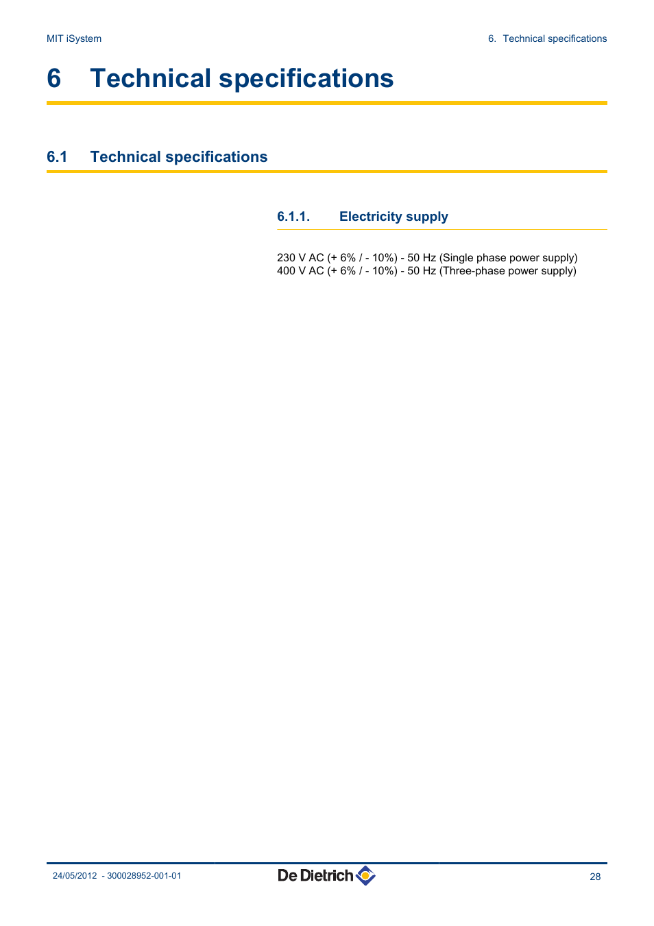 Technical specifications, Electricity supply, 6 technical specifications | DE DIETRICH MIT iSystem User Manual | Page 29 / 36