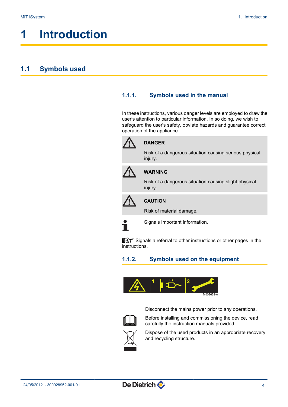 Introduction, Symbols used, Symbols used in the manual | Symbols used on the equipment, 1 introduction, 1 symbols used | DE DIETRICH MIT iSystem User Manual | Page 5 / 36