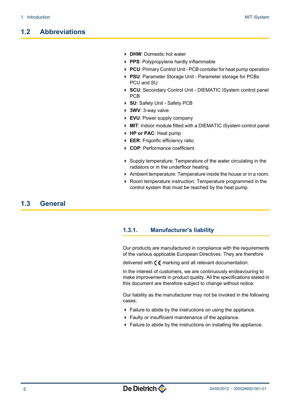 Abbreviations, General, Manufacturer's liability | 2 abbreviations, 3 general | DE DIETRICH MIT iSystem User Manual | Page 6 / 36