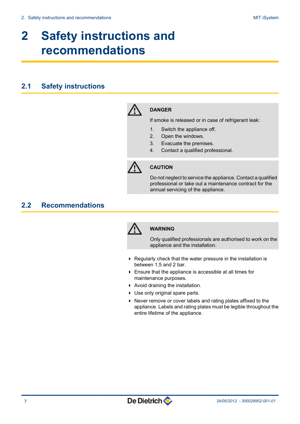 Safety instructions and recommendations, Safety instructions, Recommendations | 2 safety instructions and recommendations, 1 safety instructions, 2 recommendations | DE DIETRICH MIT iSystem User Manual | Page 8 / 36