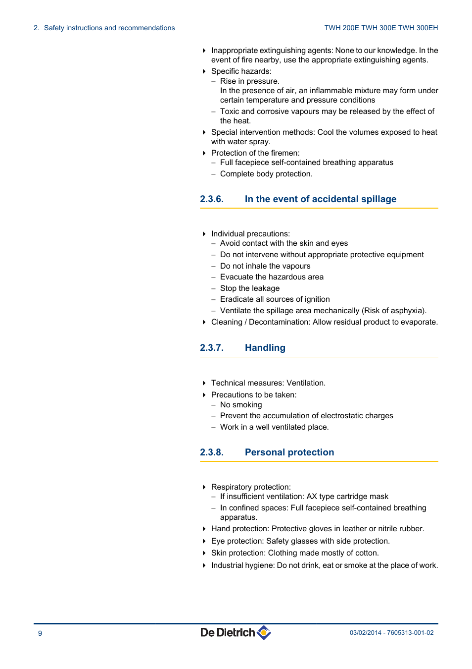 In the event of accidental spillage, Handling, Personal protection | DE DIETRICH TWH 200E - TWH 300E - TWH 300EH User Manual | Page 10 / 32