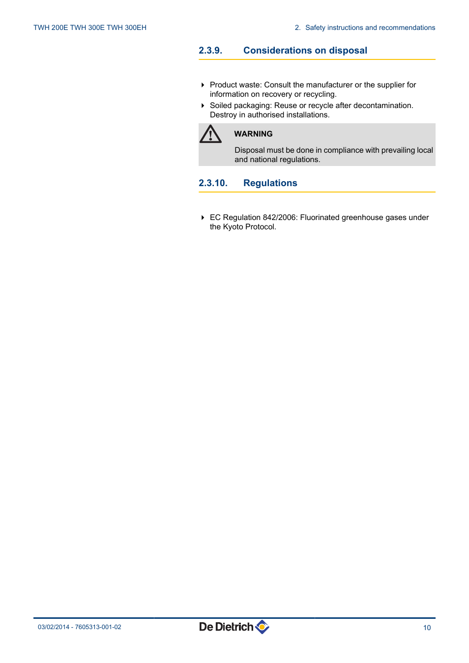Considerations on disposal, Regulations | DE DIETRICH TWH 200E - TWH 300E - TWH 300EH User Manual | Page 11 / 32
