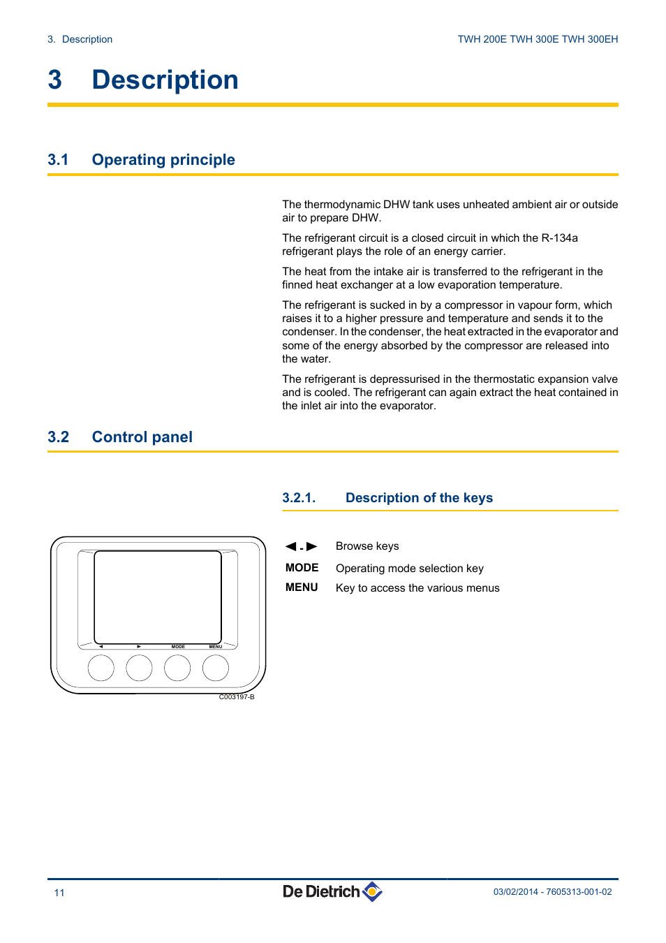 Description, Operating principle, Control panel | Description of the keys, 3 description, 1 operating principle, 2 control panel | DE DIETRICH TWH 200E - TWH 300E - TWH 300EH User Manual | Page 12 / 32