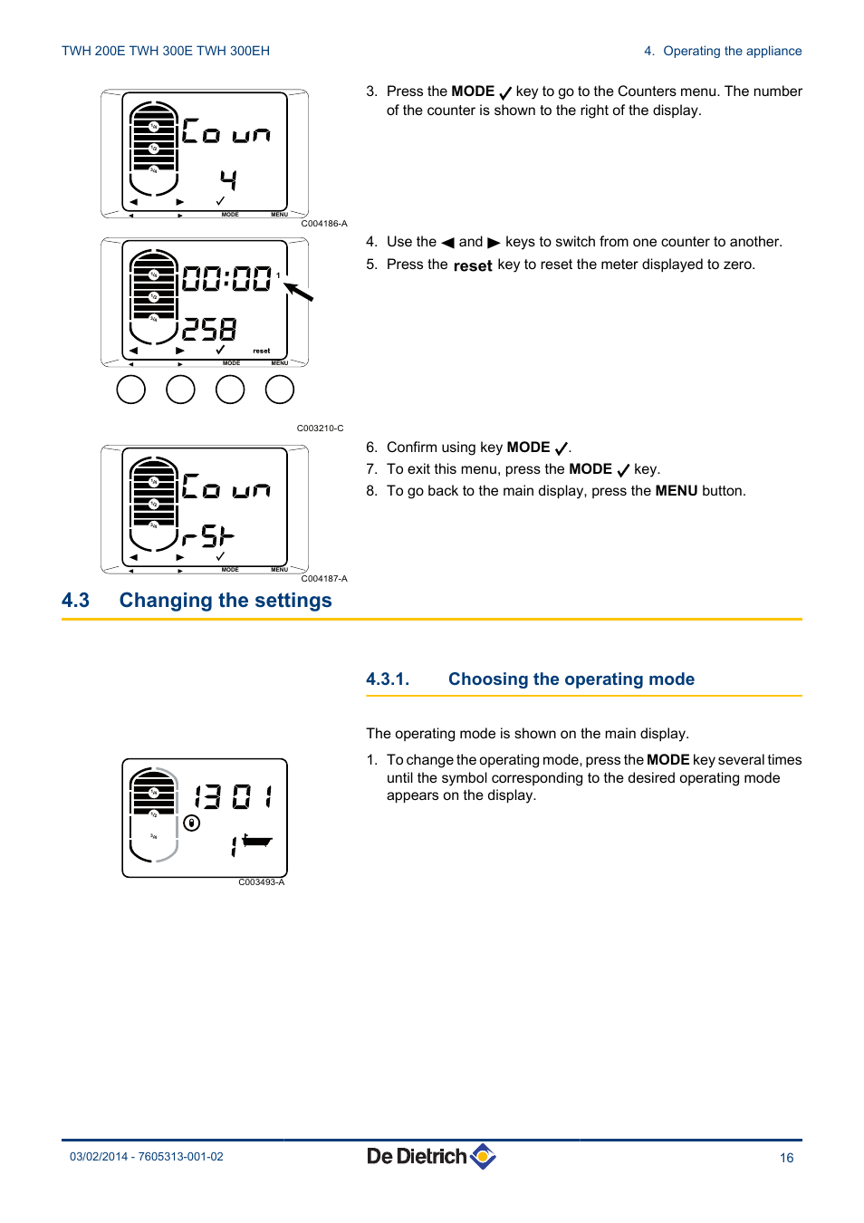 Changing the settings, Choosing the operating mode, 3 changing the settings | DE DIETRICH TWH 200E - TWH 300E - TWH 300EH User Manual | Page 17 / 32