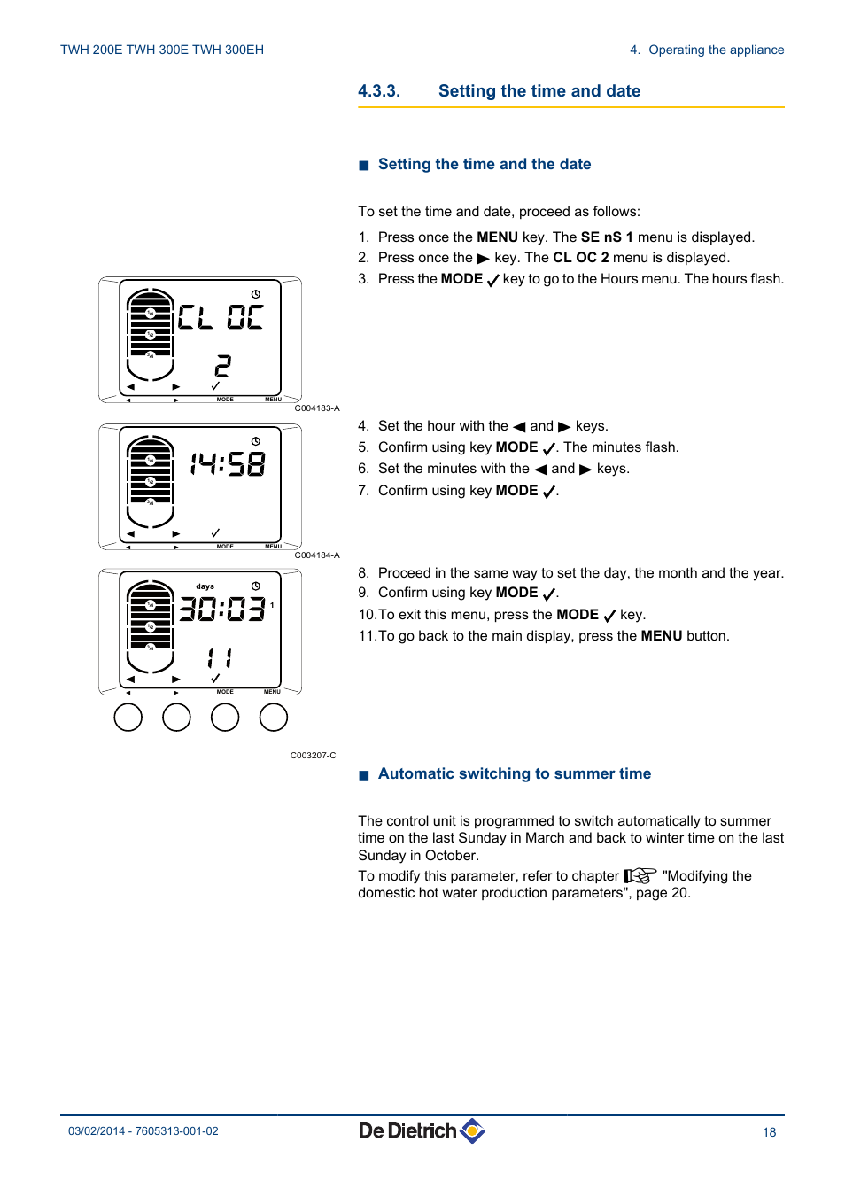 Setting the time and date, N setting the time and the date, N automatic switching to summer time | DE DIETRICH TWH 200E - TWH 300E - TWH 300EH User Manual | Page 19 / 32