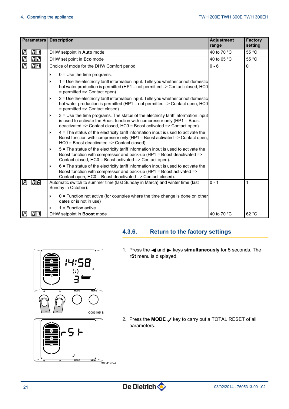 Return to the factory settings | DE DIETRICH TWH 200E - TWH 300E - TWH 300EH User Manual | Page 22 / 32