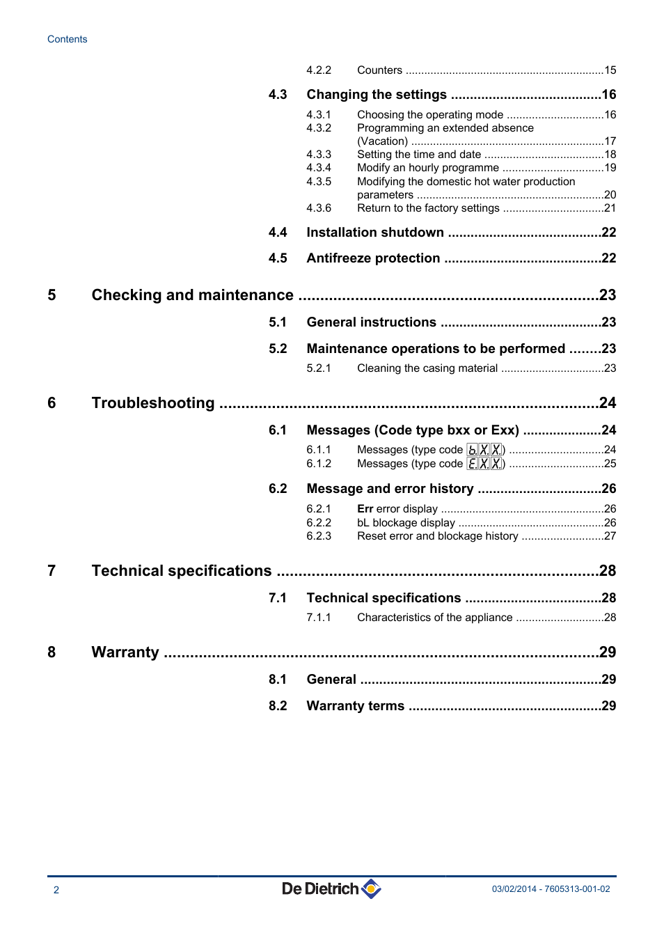 5checking and maintenance, 6troubleshooting, 7technical specifications | 8warranty | DE DIETRICH TWH 200E - TWH 300E - TWH 300EH User Manual | Page 3 / 32