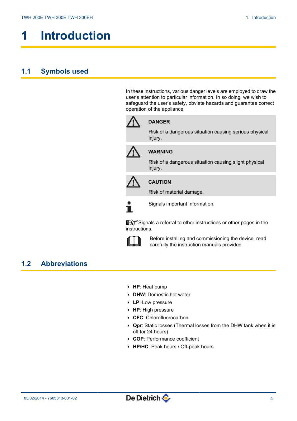 Introduction, Symbols used, Abbreviations | 1 introduction, 1 symbols used, 2 abbreviations | DE DIETRICH TWH 200E - TWH 300E - TWH 300EH User Manual | Page 5 / 32