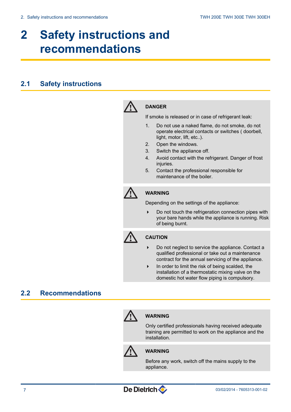 Safety instructions and recommendations, Safety instructions, Recommendations | 2 safety instructions and recommendations, 1 safety instructions, 2 recommendations | DE DIETRICH TWH 200E - TWH 300E - TWH 300EH User Manual | Page 8 / 32
