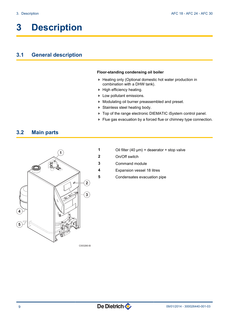 Description, General description, Main parts | 3 description, 1 general description, 2 main parts | DE DIETRICH AFC 18 - AFC 24 - AFC 30 User Manual | Page 10 / 44