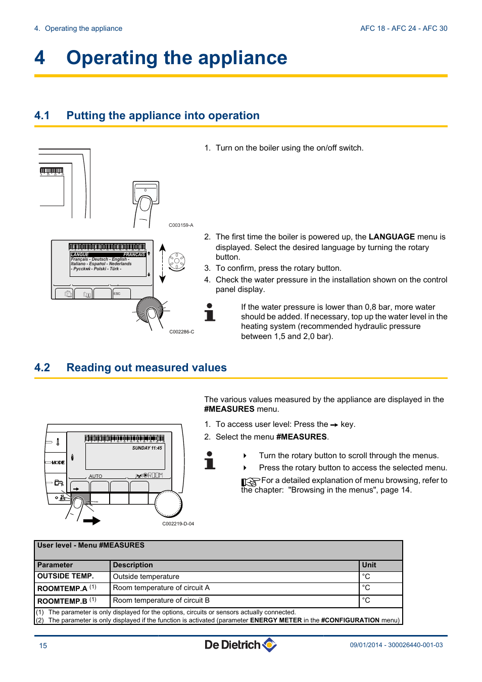 Operating the appliance, Putting the appliance into operation, Reading out measured values | 4 operating the appliance, 1 putting the appliance into operation, 2 reading out measured values, Room temperature of circuit a °c roomtemp.b, Room temperature of circuit b °c | DE DIETRICH AFC 18 - AFC 24 - AFC 30 User Manual | Page 16 / 44