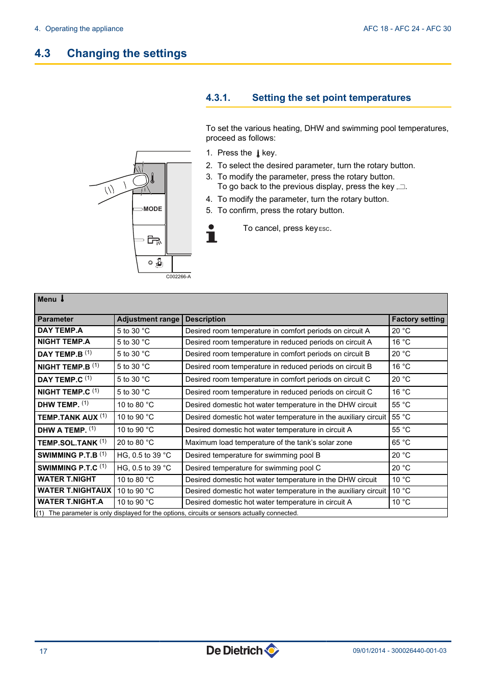 Changing the settings, Setting the set point temperatures, 3 changing the settings | DE DIETRICH AFC 18 - AFC 24 - AFC 30 User Manual | Page 18 / 44