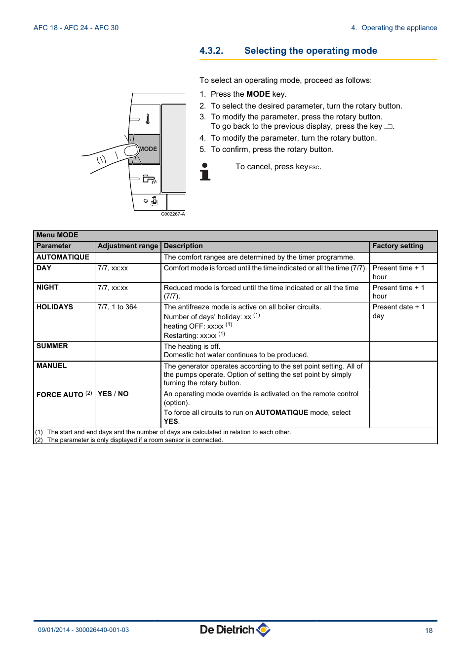 Selecting the operating mode | DE DIETRICH AFC 18 - AFC 24 - AFC 30 User Manual | Page 19 / 44