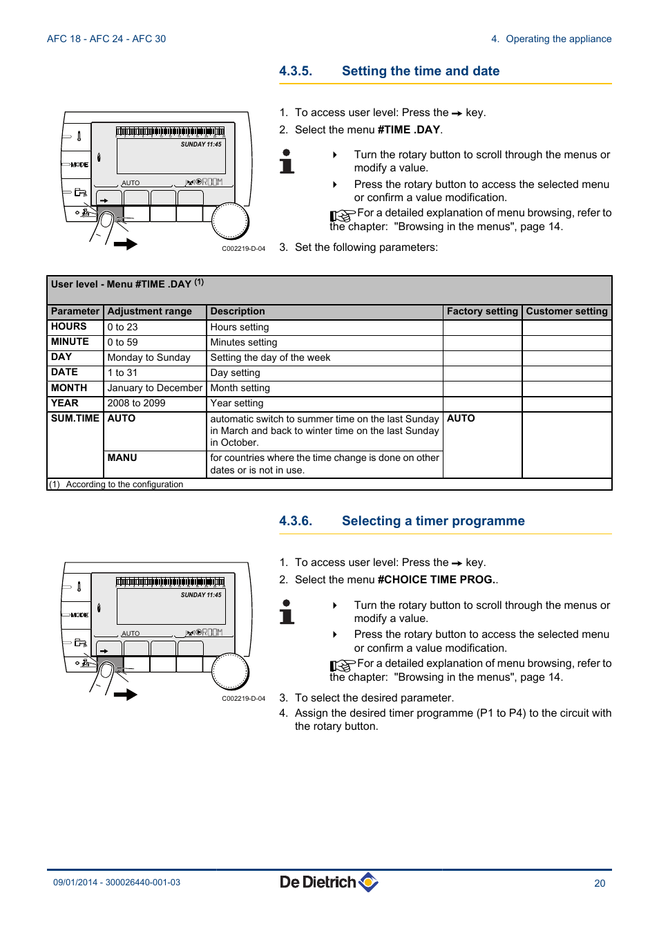 Setting the time and date, Selecting a timer programme | DE DIETRICH AFC 18 - AFC 24 - AFC 30 User Manual | Page 21 / 44
