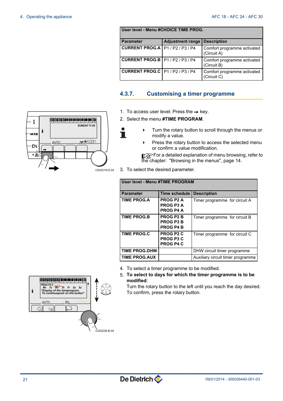 Customising a timer programme, Dhw circuit timer programme time prog.aux, Auxiliary circuit timer programme | DE DIETRICH AFC 18 - AFC 24 - AFC 30 User Manual | Page 22 / 44