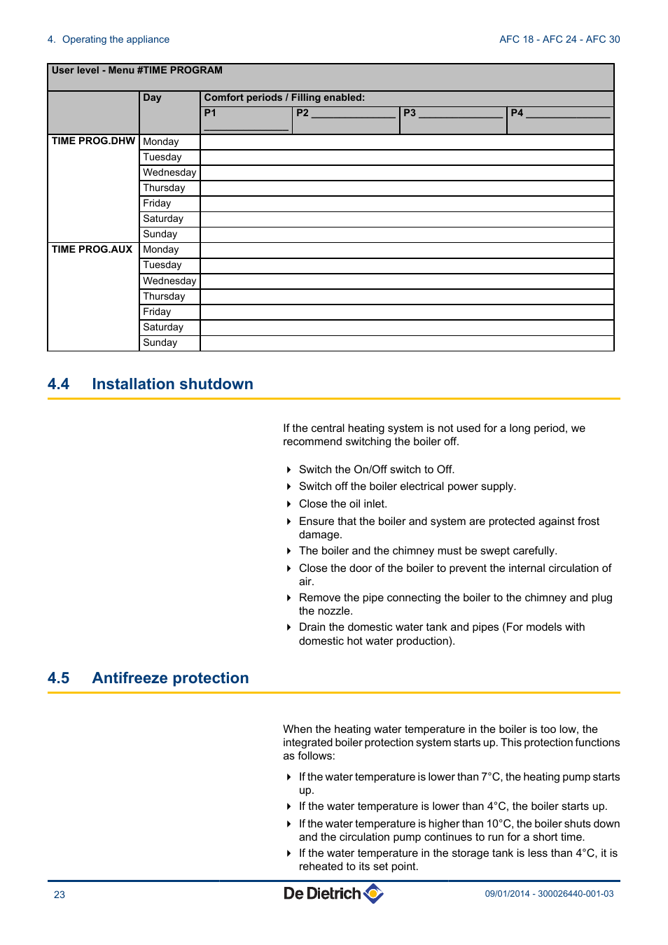 Installation shutdown, Antifreeze protection, 4 installation shutdown | 5 antifreeze protection | DE DIETRICH AFC 18 - AFC 24 - AFC 30 User Manual | Page 24 / 44