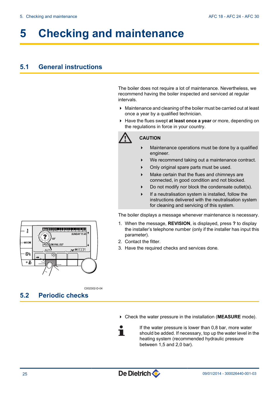 Checking and maintenance, General instructions, Periodic checks | 5 checking and maintenance, 1 general instructions, 2 periodic checks | DE DIETRICH AFC 18 - AFC 24 - AFC 30 User Manual | Page 26 / 44