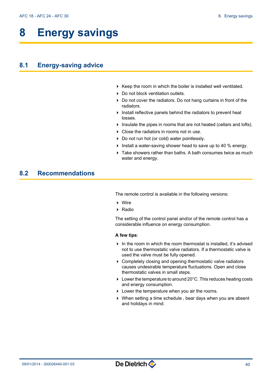 Energy savings, Energy-saving advice, Recommendations | 8 energy savings, 1 energy-saving advice, 2 recommendations | DE DIETRICH AFC 18 - AFC 24 - AFC 30 User Manual | Page 41 / 44