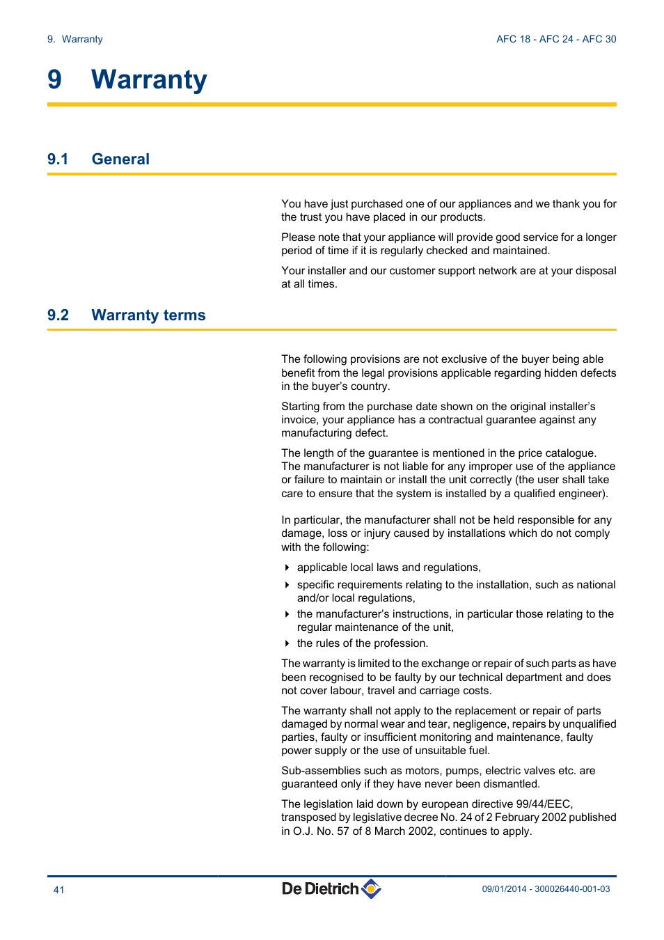 Warranty, General, Warranty terms | 9 warranty, 1 general, 2 warranty terms | DE DIETRICH AFC 18 - AFC 24 - AFC 30 User Manual | Page 42 / 44