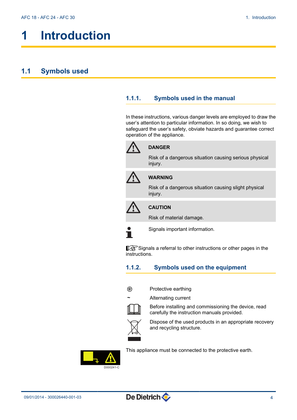 Introduction, Symbols used, Symbols used in the manual | Symbols used on the equipment, 1 introduction, 1 symbols used | DE DIETRICH AFC 18 - AFC 24 - AFC 30 User Manual | Page 5 / 44