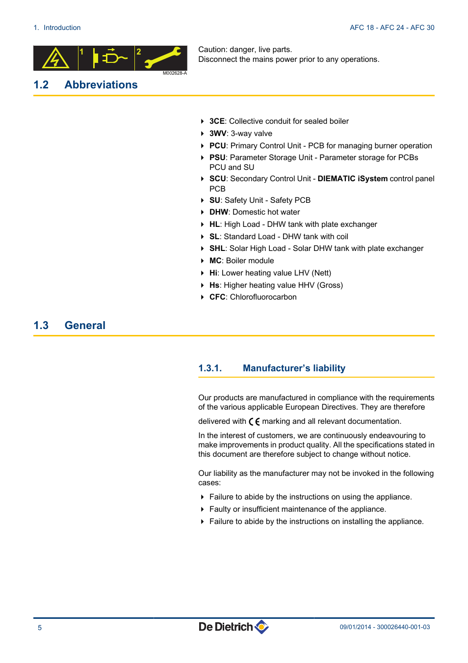 Abbreviations, General, Manufacturer’s liability | 2 abbreviations, 3 general | DE DIETRICH AFC 18 - AFC 24 - AFC 30 User Manual | Page 6 / 44