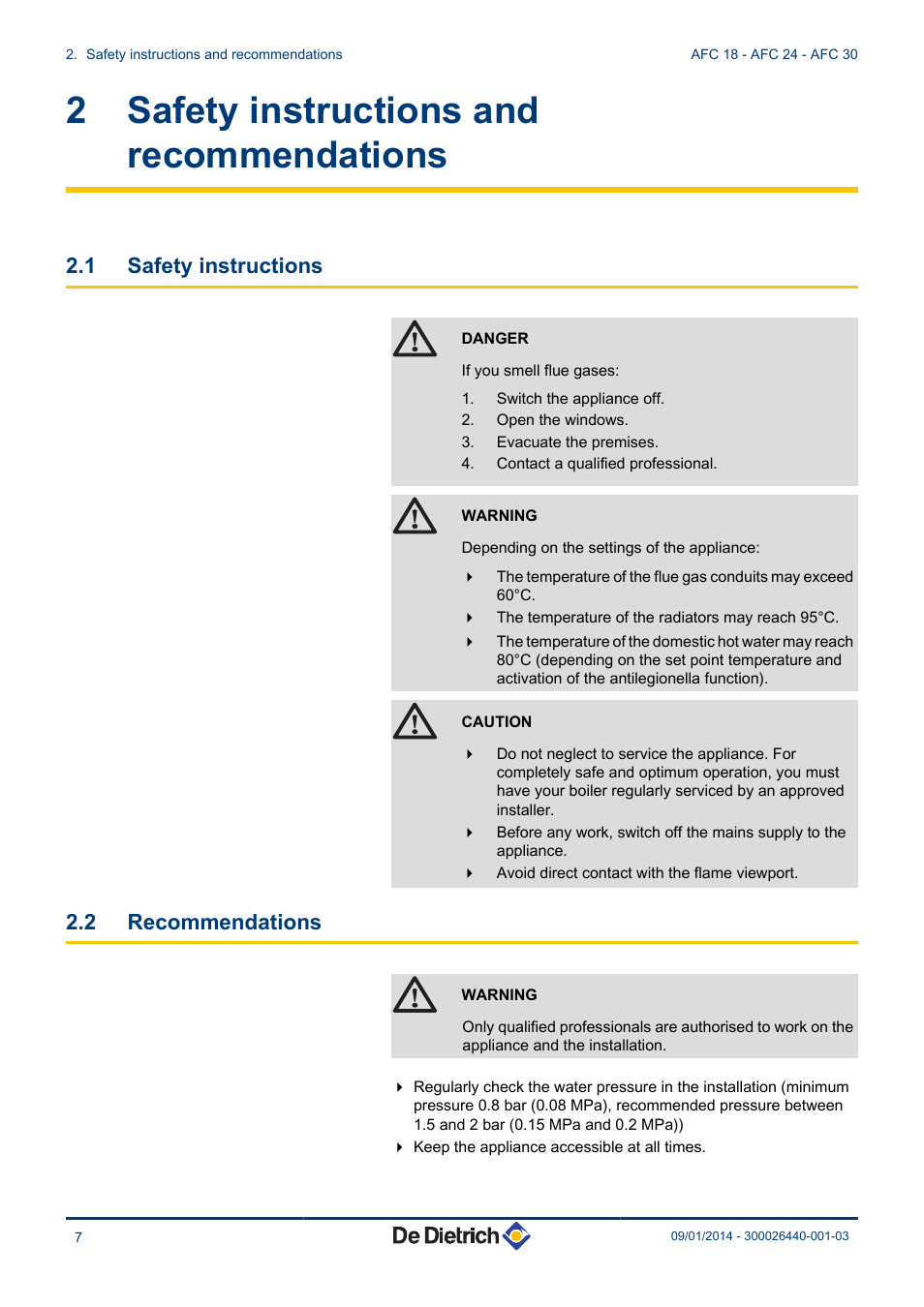 Safety instructions and recommendations, Safety instructions, Recommendations | 2 safety instructions and recommendations, 1 safety instructions, 2 recommendations | DE DIETRICH AFC 18 - AFC 24 - AFC 30 User Manual | Page 8 / 44