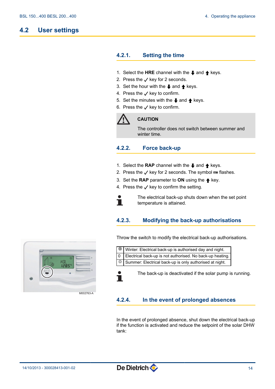 User settings, Setting the time, Force back-up | Modifying the back-up authorisations, In the event of prolonged absences, 2 user settings | DE DIETRICH BSL 200...400 - BESL 200...400 User Manual | Page 15 / 28