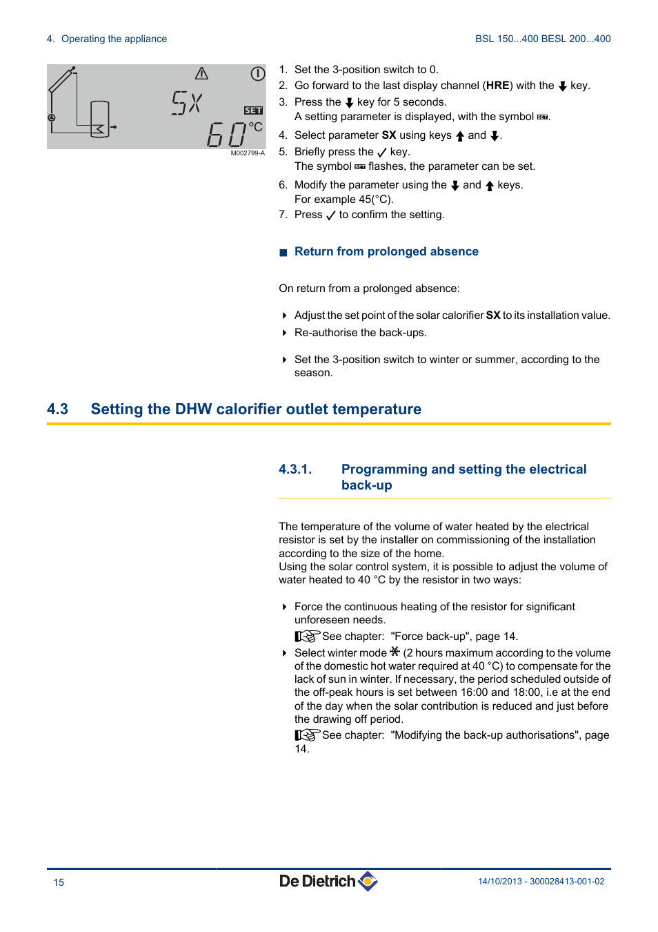 Setting the dhw calorifier outlet temperature, Programming and setting the electrical back, 3 setting the dhw calorifier outlet temperature | DE DIETRICH BSL 200...400 - BESL 200...400 User Manual | Page 16 / 28