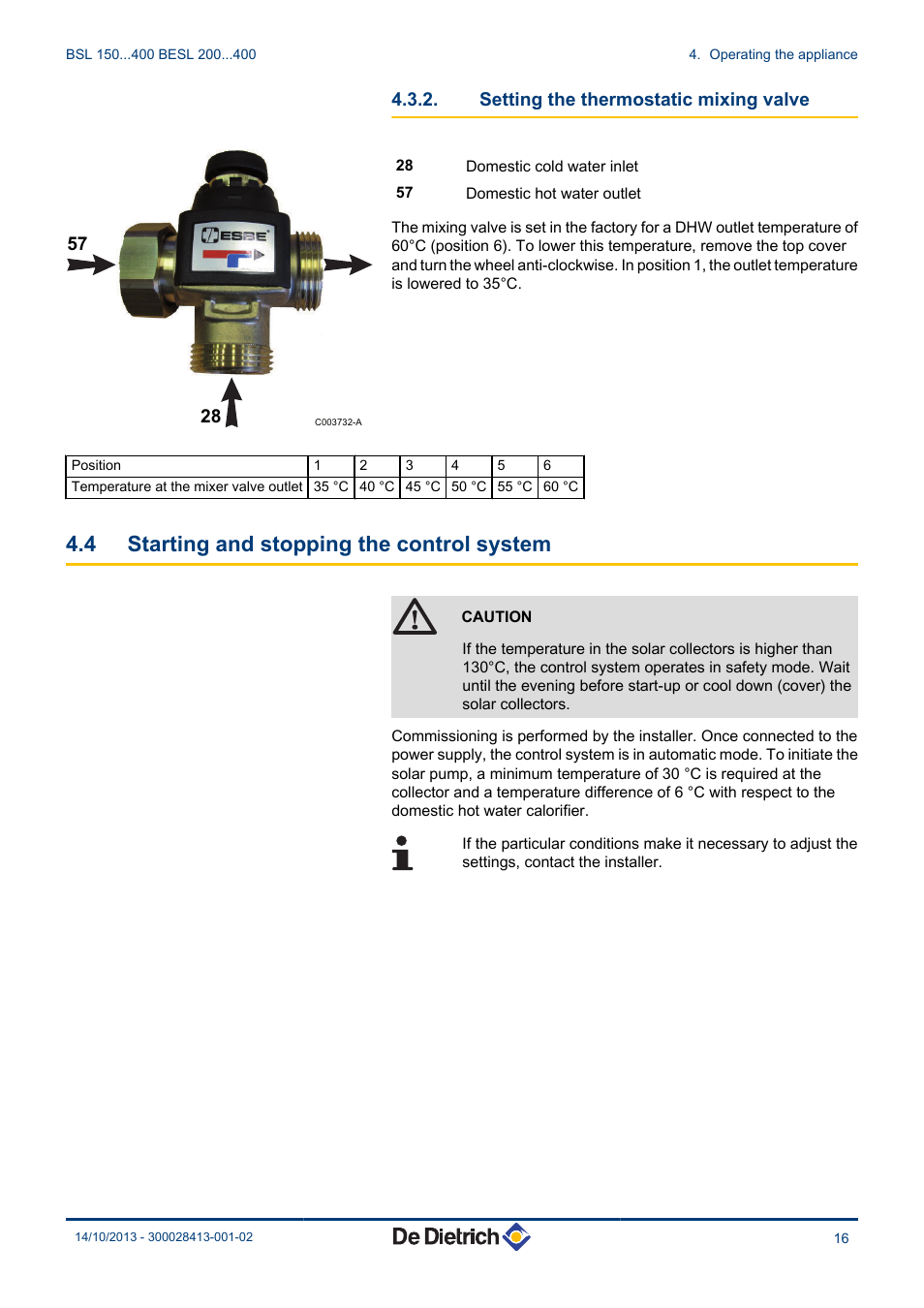 Setting the thermostatic mixing valve, Starting and stopping the control system, 4 starting and stopping the control system | DE DIETRICH BSL 200...400 - BESL 200...400 User Manual | Page 17 / 28