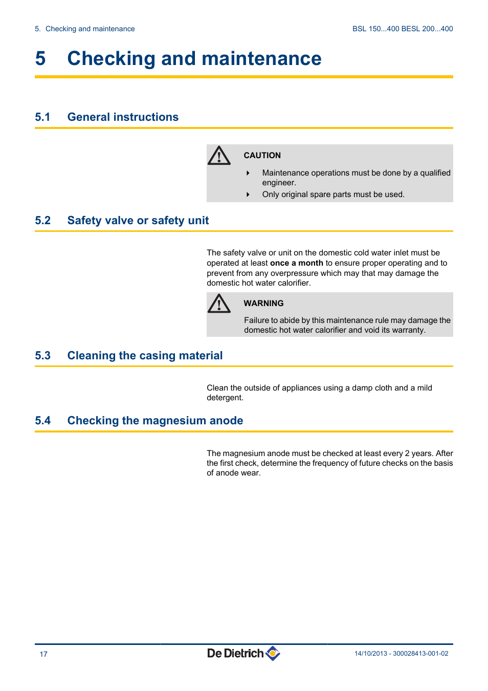Checking and maintenance, General instructions, Safety valve or safety unit | Cleaning the casing material, Checking the magnesium anode, 5 checking and maintenance, 1 general instructions, 2 safety valve or safety unit, 3 cleaning the casing material, 4 checking the magnesium anode | DE DIETRICH BSL 200...400 - BESL 200...400 User Manual | Page 18 / 28
