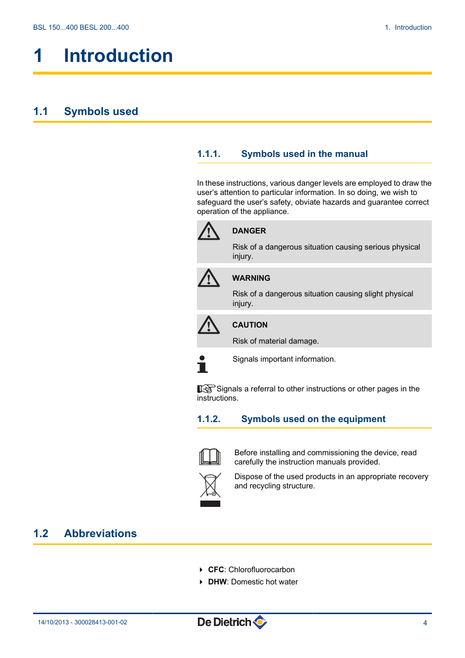 Introduction, Symbols used, Symbols used in the manual | Symbols used on the equipment, Abbreviations, 1 introduction, 1 symbols used, 2 abbreviations | DE DIETRICH BSL 200...400 - BESL 200...400 User Manual | Page 5 / 28