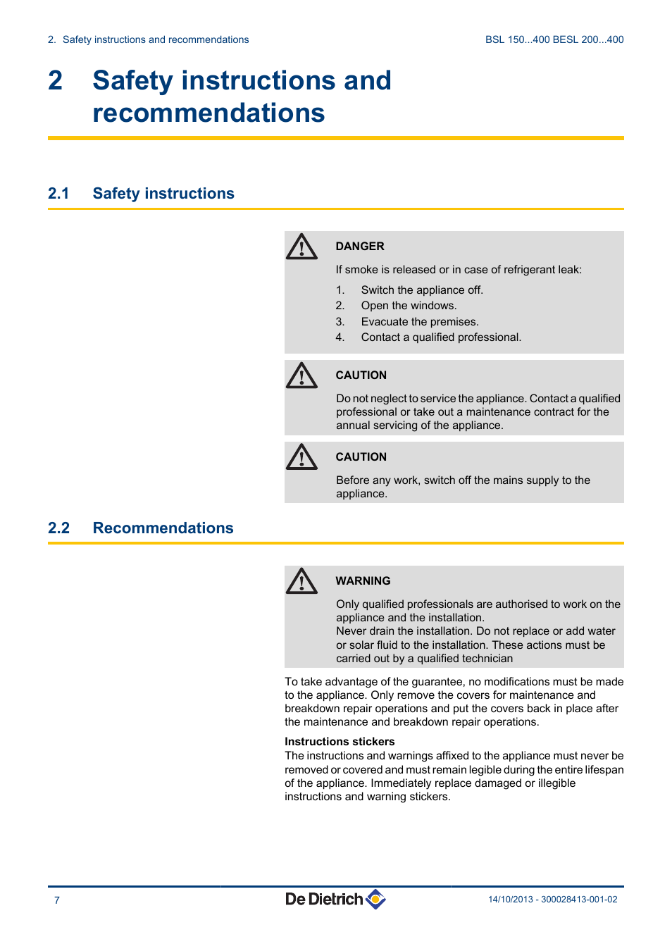 Safety instructions and recommendations, Safety instructions, Recommendations | 2 safety instructions and recommendations, 1 safety instructions, 2 recommendations | DE DIETRICH BSL 200...400 - BESL 200...400 User Manual | Page 8 / 28